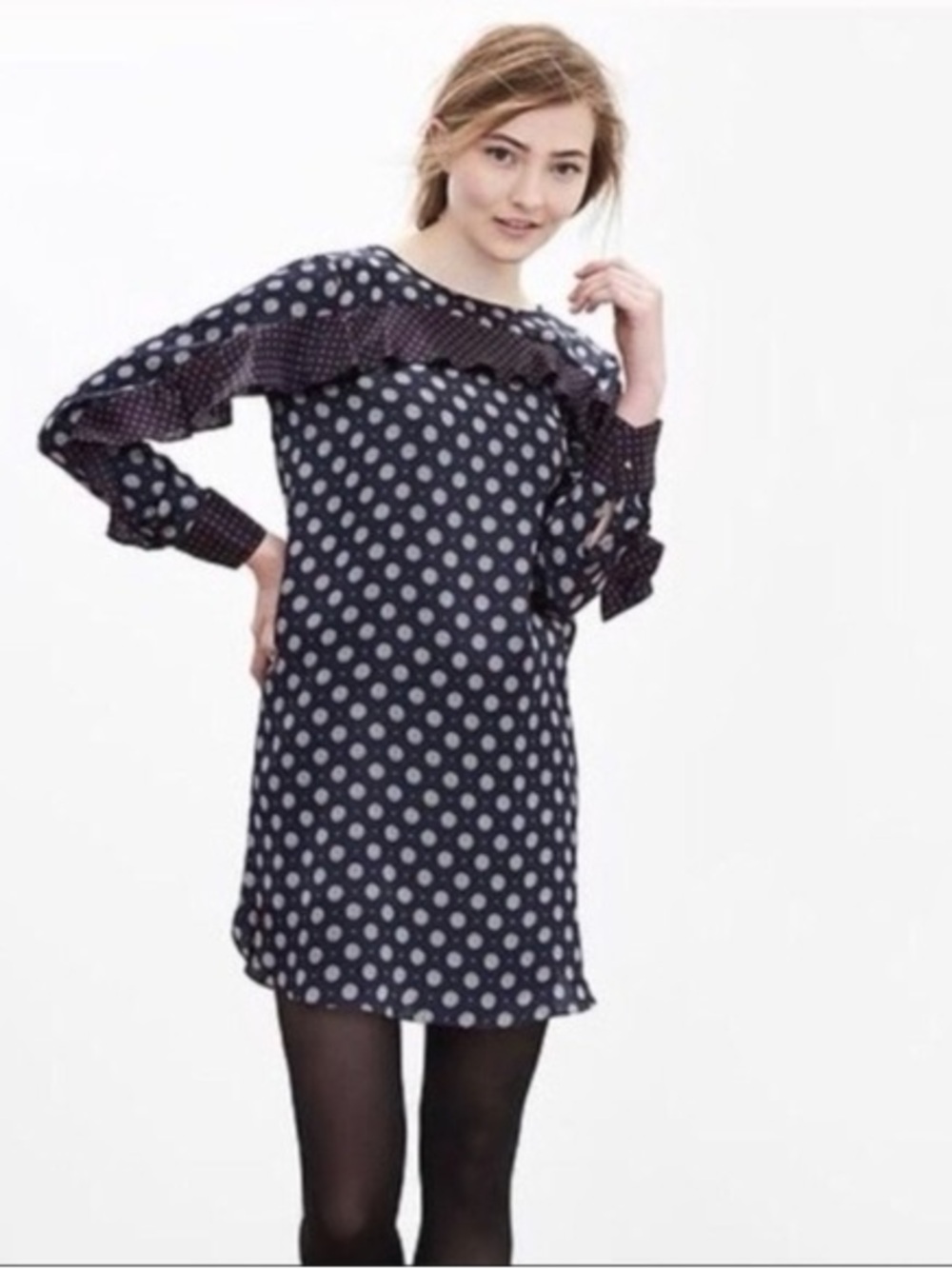 Banana Republic Navy and White Polka Dot Ruffle Midi Dress
